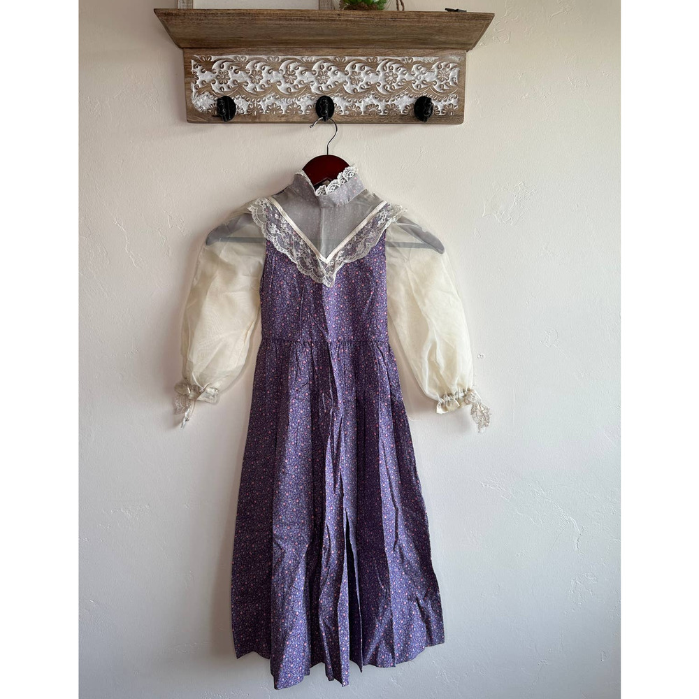 Vintage Gunne Sax Style Kids Youth Girls Cottagecore Purple Floral Ruffle Dress